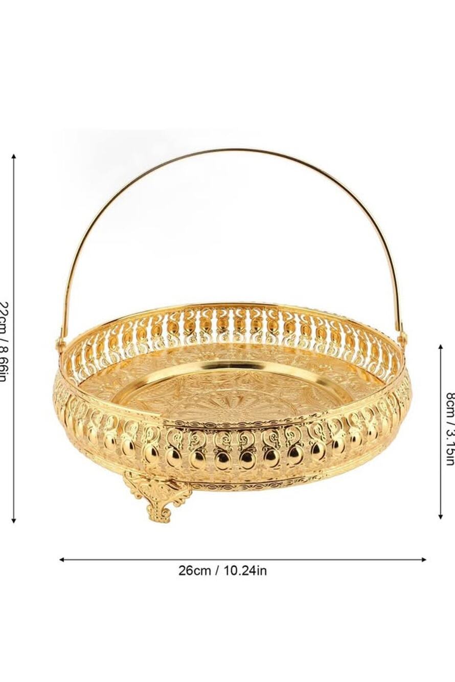 NOENNULL Retro Golden Zinc Alloy Decorative Round Fruit Serving Tray with Handle